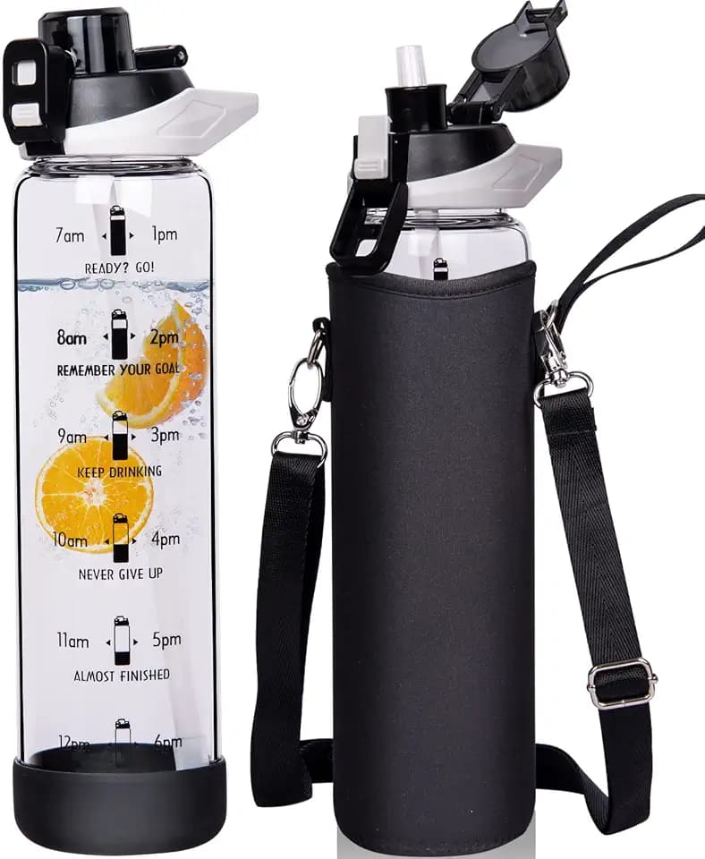 1l Sport Trinkflasche Glas Flasche mit Strohhalm & Zeitmarkierung auslaufsicher bpa frei 1 liter Wasserflasche Motivation mit Schutzhülle für Smoothie, Früchte Kohlensäure geeignet