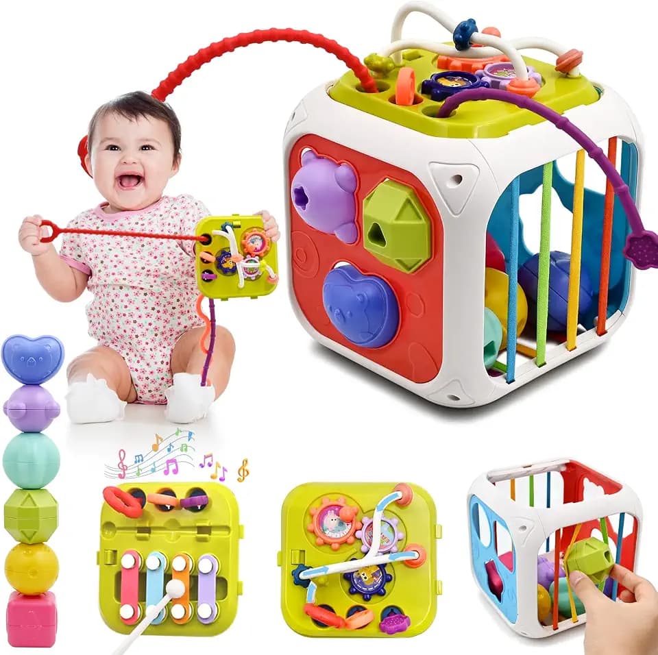 Spielzeug ab 2 3 Jahr, 7 in 1 Montessori Spielzeug Motorikschleife Activity Center Motorikspielzeug Lernspielzeug Sensorik Sortierspiel Motorikwürfel Kinderspielzeug für Junge Mädchen Geschenk