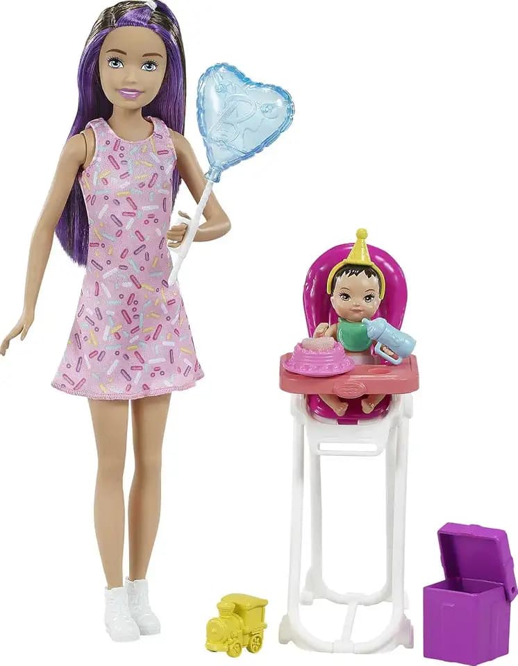 Barbie Skipper Babysitter Inc, Skipper mit braunen und lila Haaren, Baby mit braunen Haaren, Hochstuhl, Geburtstagsparty Zubehör, inkl. 2 Barbiepuppen, Geschenk für Kinder ab 3 Jahren,GRP40