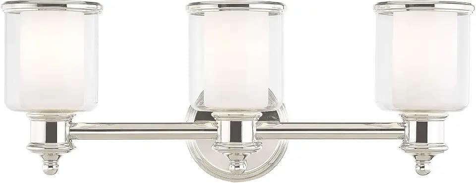Livex Lighting 40213-35 Middlebush Collection 3-Light Bathroom Vanity Light with Double Shaded Hand Crafted Glass Shades, Polished Nickel, 23.5 x 6.5 x 9