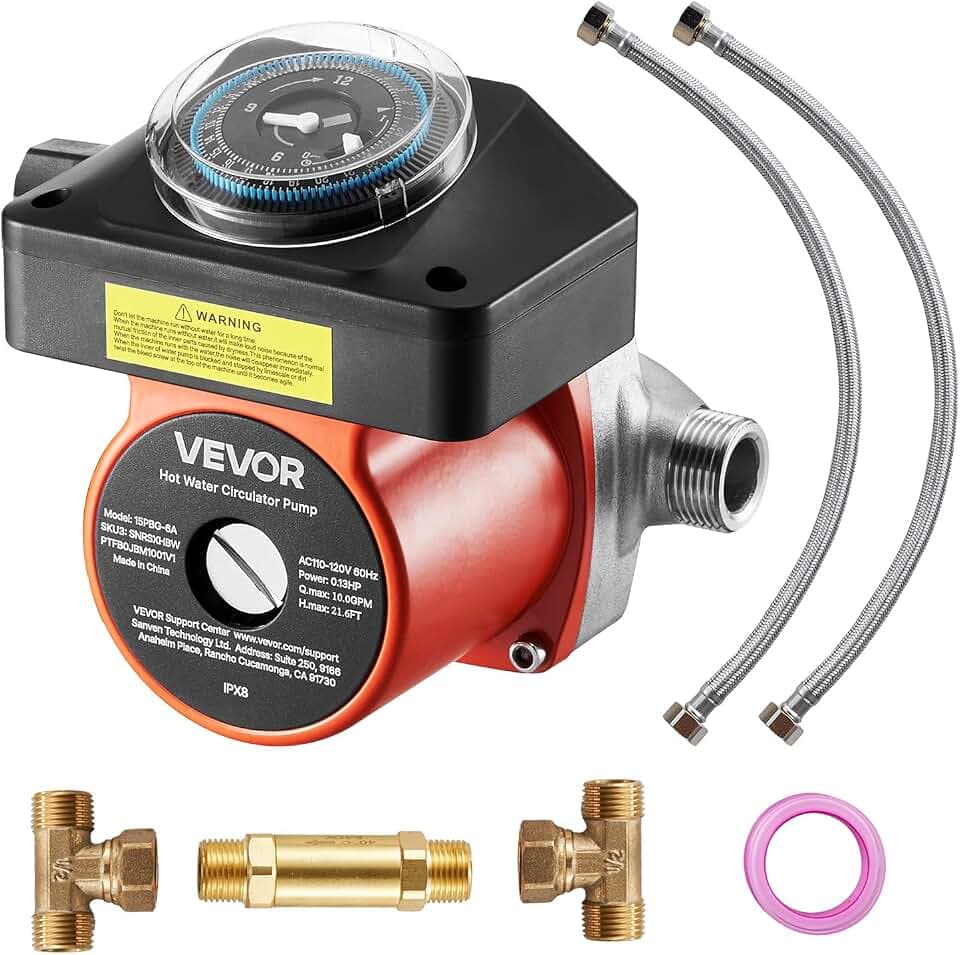 VEVOR Hot Water Recirculating Pump, with Bypass Valve, Instant Recirculation Pump Kit with Timer, Adapter, Circulation Circulator System, Stainless Steel Head, 0.13 HP 110-120V, for Tank Water Heaters