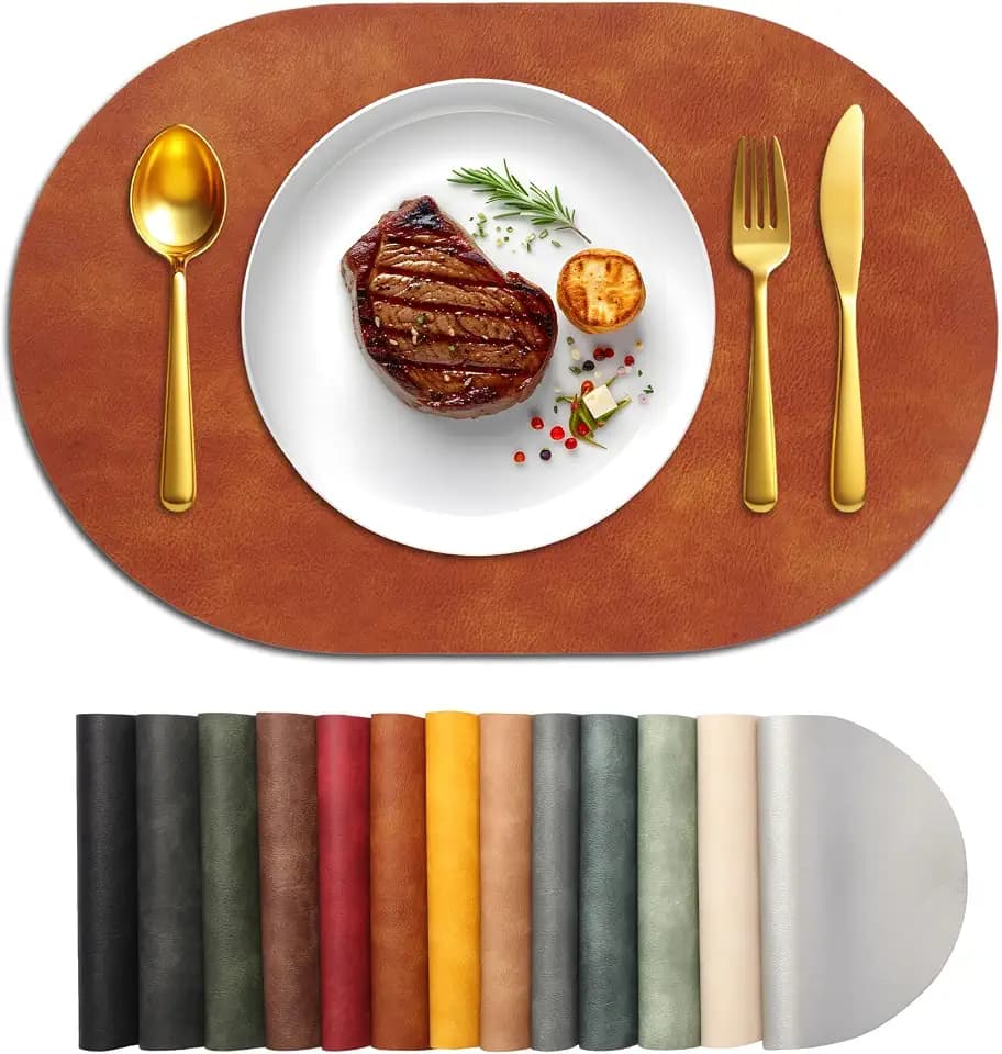 UnivoColors Placemats Oval Faux Leather Placemats,Heat Resistant Placemats Set of 6 Washable 12x17 Inch,Waterproof Table Mats,Wipeable Pu Place Mats for Kitchen,Dining Room.Reddish Brown