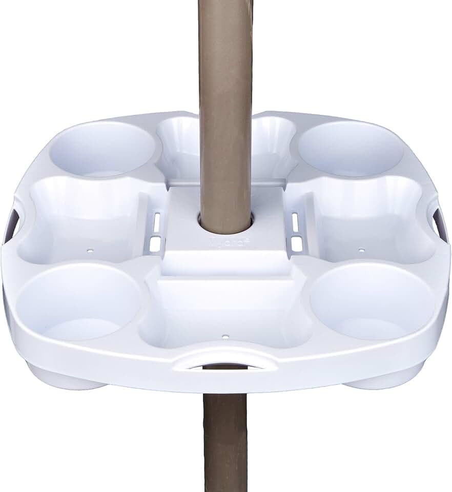 Myard PayandPack Umbrella Table Tray 15 Inches for Beach, Patio, Garden, Swimming Pool with 4 Drink Holders, 4 Snack Compartments, 4 Sunglasses Holes, 4 Phone Slots (White)