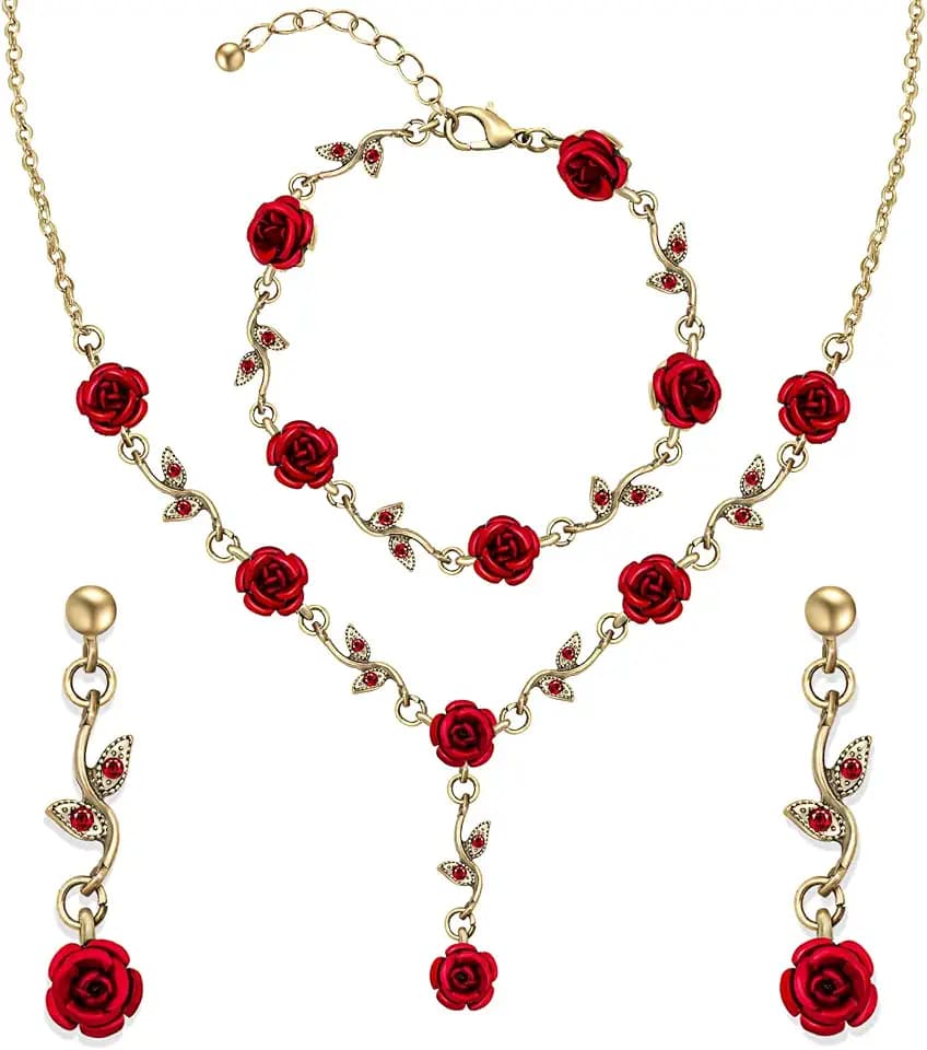 Nanafast 3Pcs Red/Hot Pink Rose Jewelry Set Adjustable Rose Pendant Necklace Flower Bracelet Earrings for Prom Wedding Party Valentine’s Day