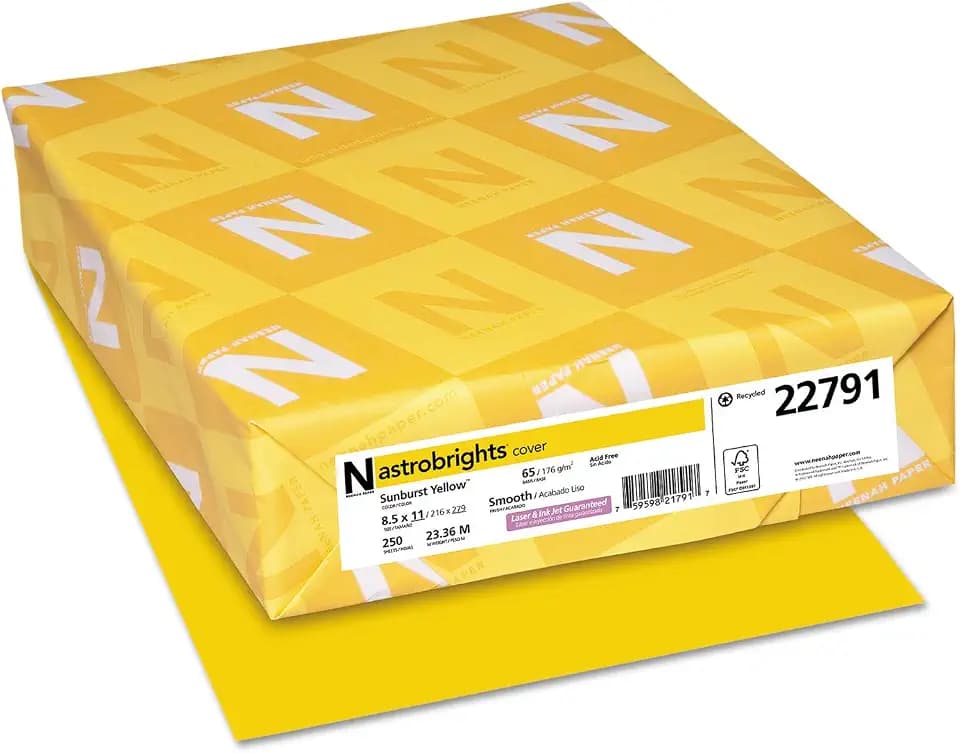 Astrobrights Colored Cardstock, 8.5” x 11”, 65 lb/176 GSM, Sunburst Yellow, 250 Sheets (22791)