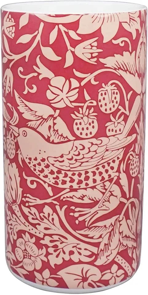 Half Moon Bay Strawberry Thief - by William Morris - Raspberry Red 6 x 3 Inch Ceramic Stoneware Cylindrical Flower Vase, VAWM02
