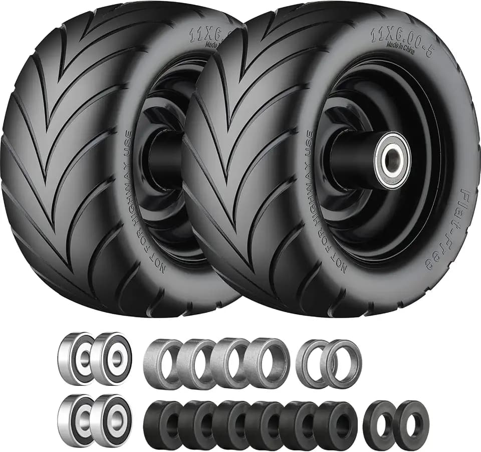 11x6.00-5 Flat Free Tire with Chevron Tread Black Rim -2Pack