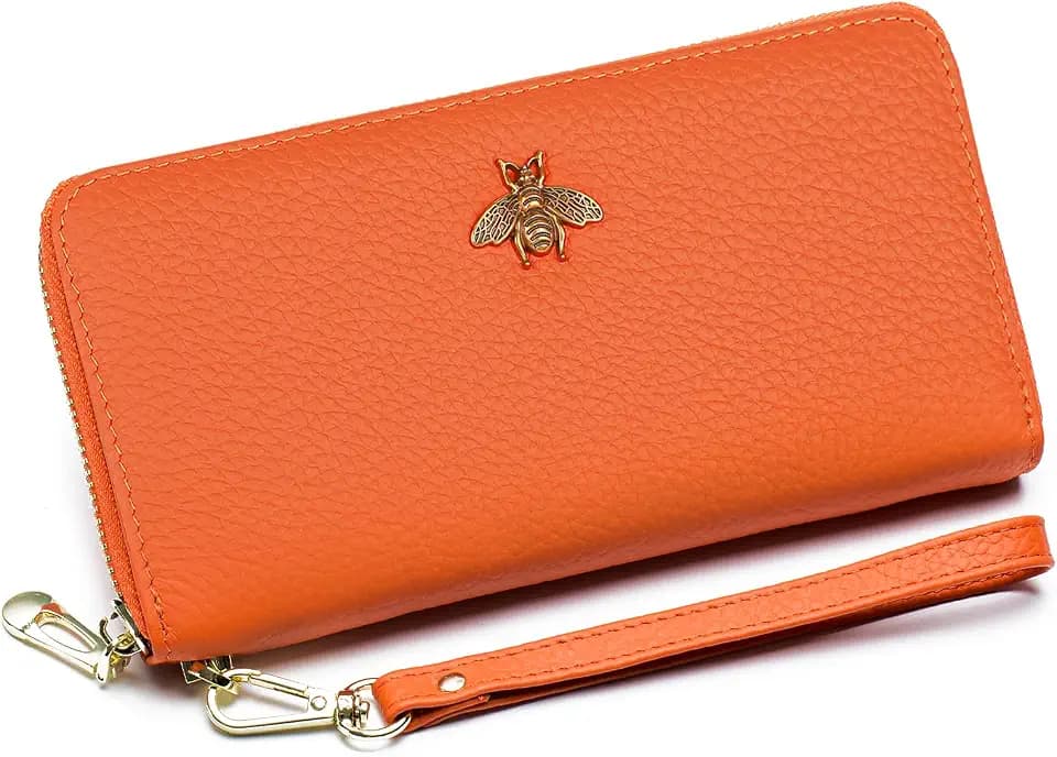 Genuine Leather Wallet Wristlet,Clutch Purses for Women,Phone Wallet(Orange