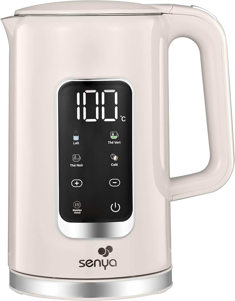 SENYA Elektrischer Wasserkocher 1,7 l Edelstahl – einstellbare Temperatur 40 – 100 °C – LCD-Display – Warmhaltefunktion 2 Stunden – 5 Programme Tee Kaffee – 2200 W – Sockel 360° – Doppelwand gegen