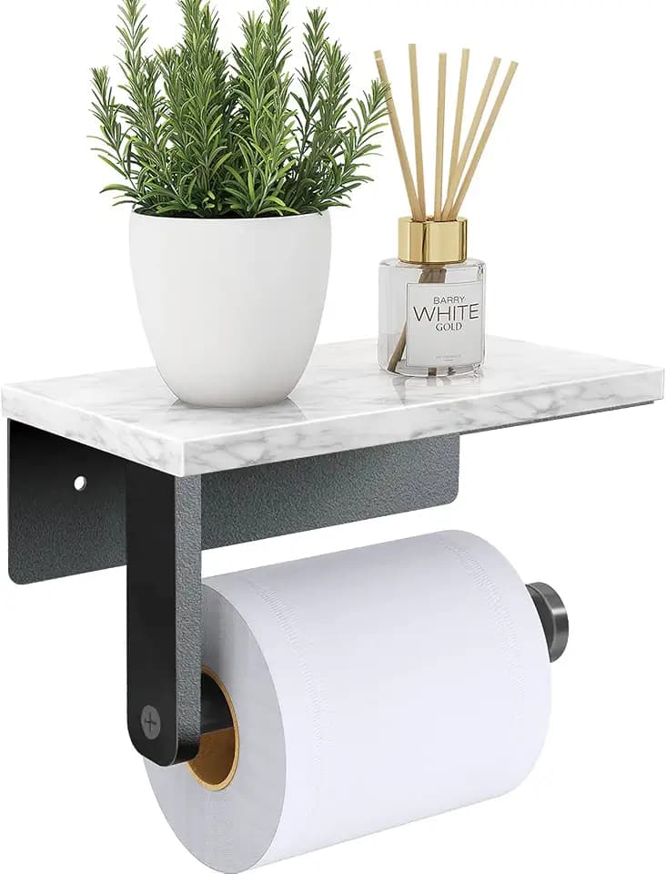 Gypie Marble Toilet Paper Holder with Shelf, Wall Mounted Matte Black