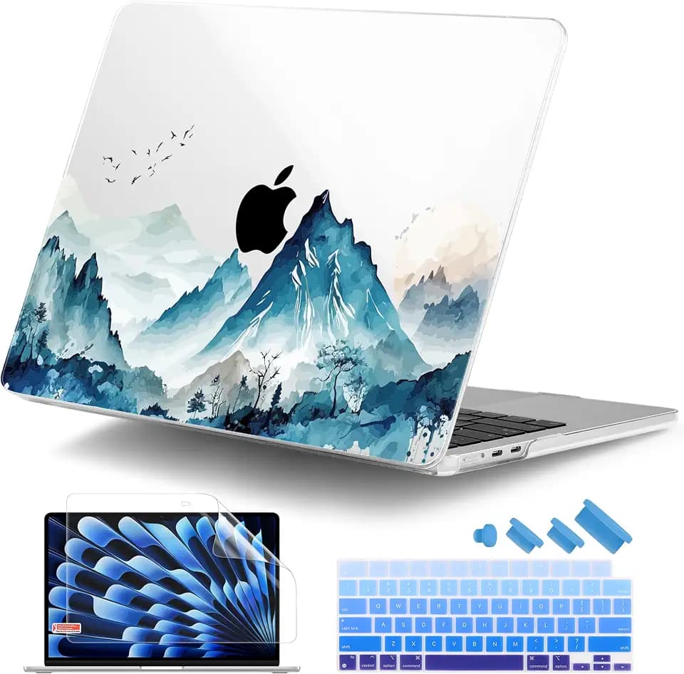 DONGKE Compatible with M5 MacBook Air 15 inch Case 2026 2025-2023 A3448 A3241 A3114 A2941 M4 M3 M2 Liquid Retina Display Touch ID, Protective Hard Shell Cover & Keyboard Skin - Watercolor Mountain