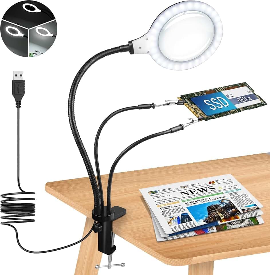 Lupe mit Licht Und Ständer 5X Dritte Hand Löten Helfenden HäNden Lupenleuchte Craft Lampe Mit 30 Dimmbare LED Licht,Löten Hand 3 Helfende Arme Beleuchtete Leselupe Zum Basteln, Lesen, NäHen, Hobbys
