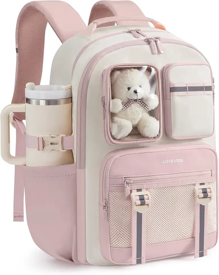 LOVEVOOK Cute School Backpack for Girls Ages 8-14, Bookbag with Plush Bear & Clear Display Pocket, Fits 15.6 Inch Laptop & 40oz Tumbler, Back to School Backpack for Elementary & Middle School