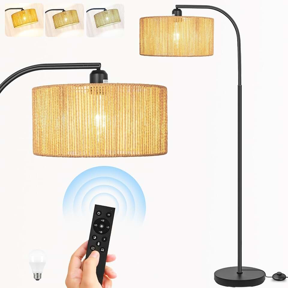 Boho Standing Lamp with Dimmable Bulb Nartual Rattan Adjustable Lampshade