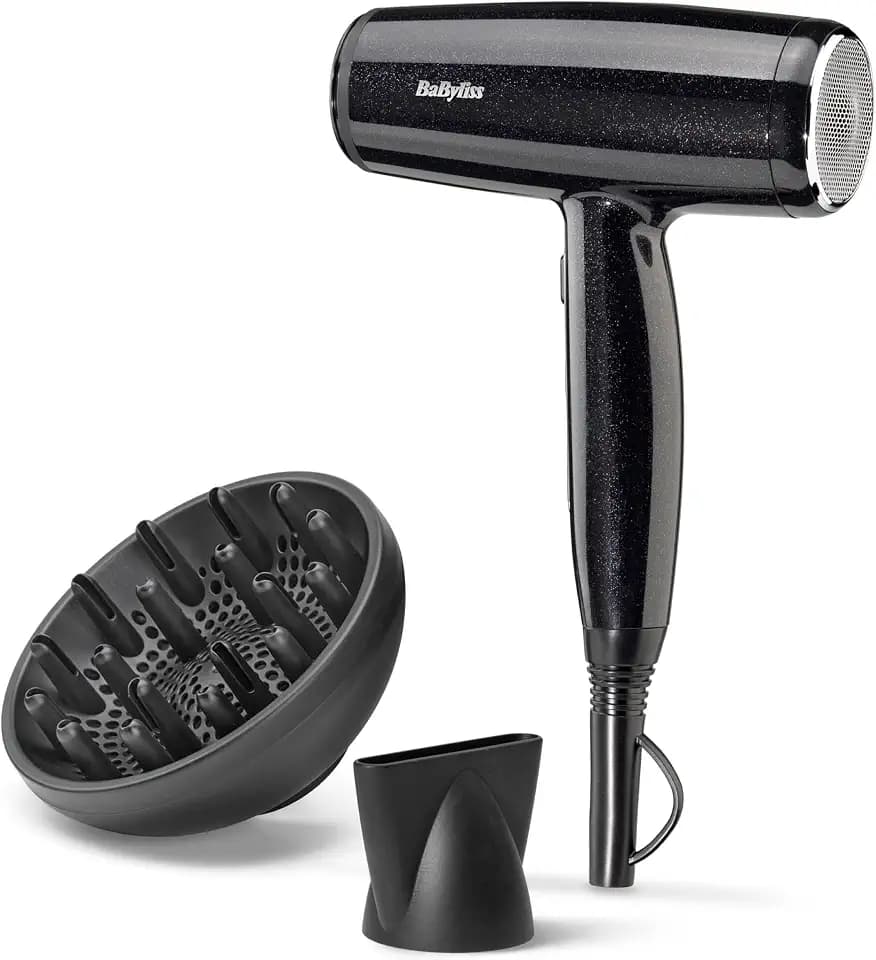 BaByliss Midnight Shine Leichter Haartrockner mit Diffusor – 2100W Leistungsstarker, Eleganter Föhn, Ionen-Technologie gegen Frizz, 3 Heiz- & 2 Gebläsestufen, D590DE