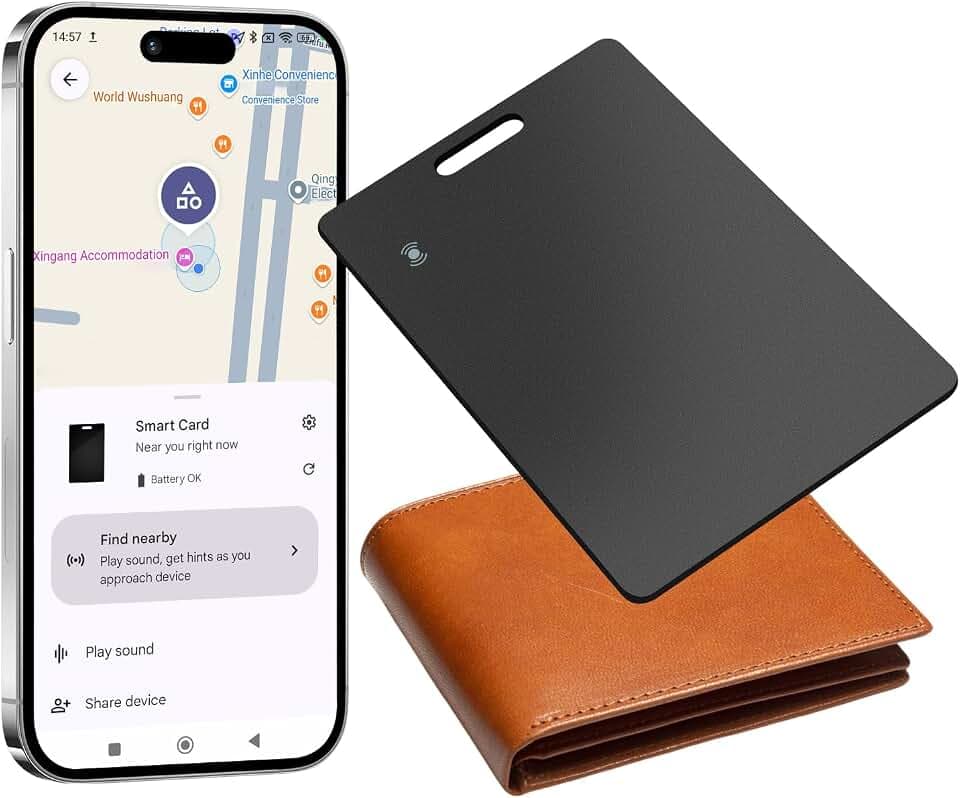 Wallet Tracker für Android, Geldbörsen Tracker Karte Thin 2mm, Kompatibel Google Mein Gerät Finden App (Nur Android),IP68 Wasserdicht,Kabelloses Aufladen, Tracking Card für Koffer/Taschen,Schwarz