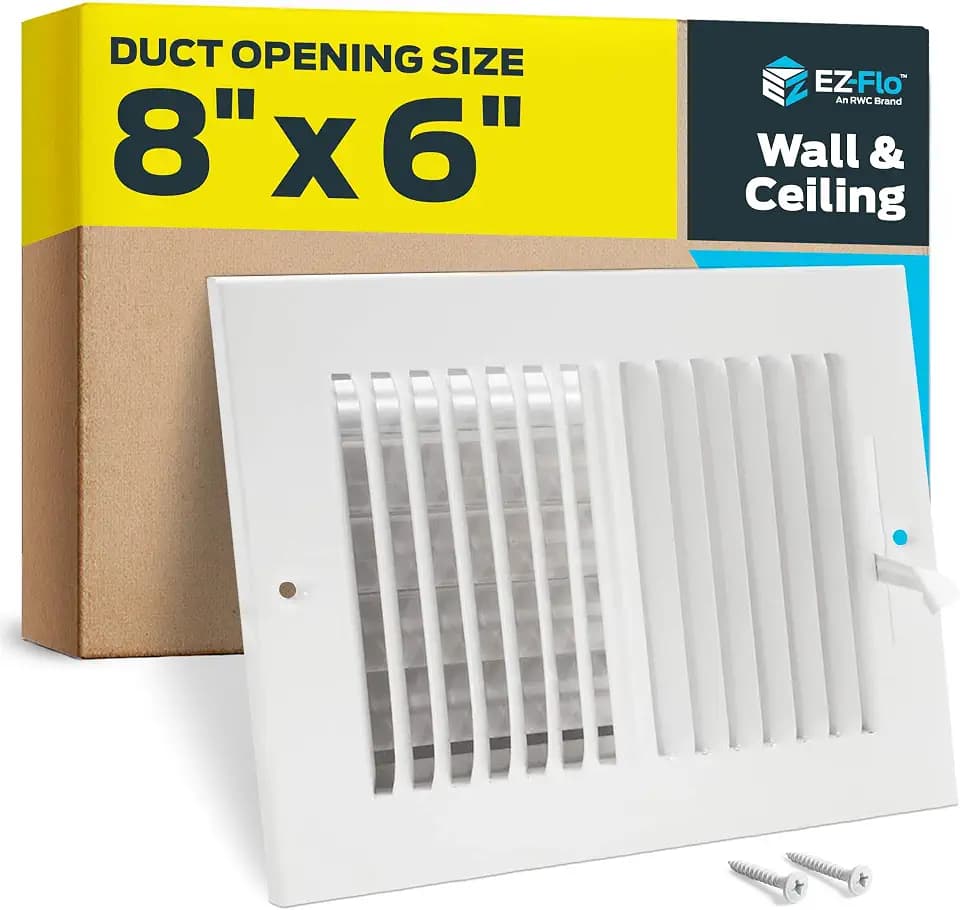 EZ-FLO 8 x 6 Inch (Duct Opening) Air Vent Cover for Wall or Ceiling, Two-Way Ventilation Register, Solid Steel HVAC Register Cover, White, 61661