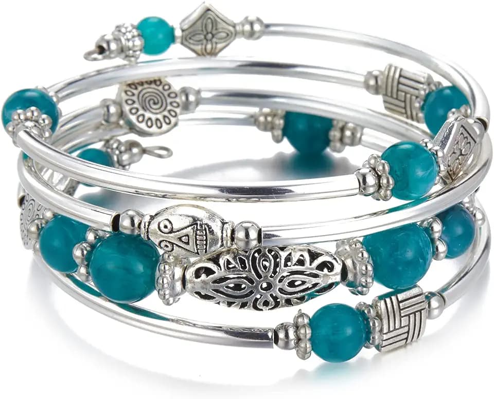 Bulinlin Damen Wickelarmband aus Natur Achat Stein Mehrschichtiges Perlen Silber Armkette Valentinstag Modeschmuck Geschenk
