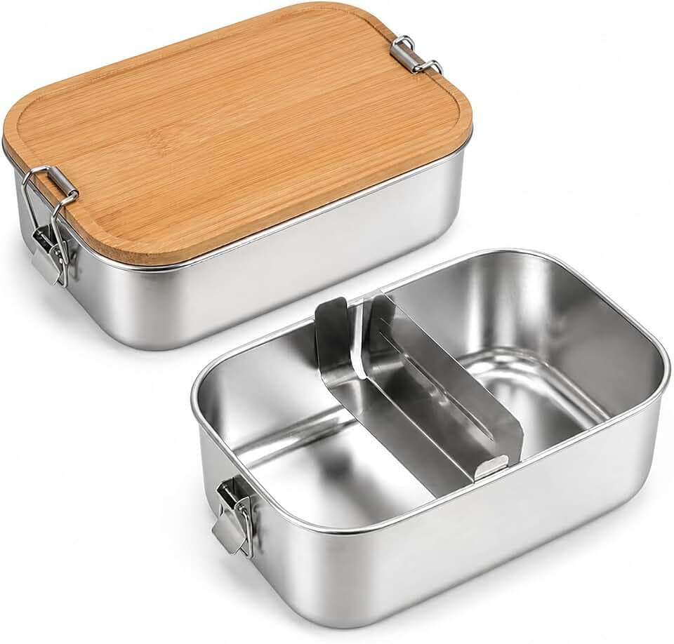 STARVAST 2 Stück Brotdose Edelstahl mit Bambusdeckel, 850 ml Lunchbox Edelstahl mit 2 Fächern, 304 Edelstahl Brotdose mit 1 Trennwand, 16,5 x 12 x 6 cm