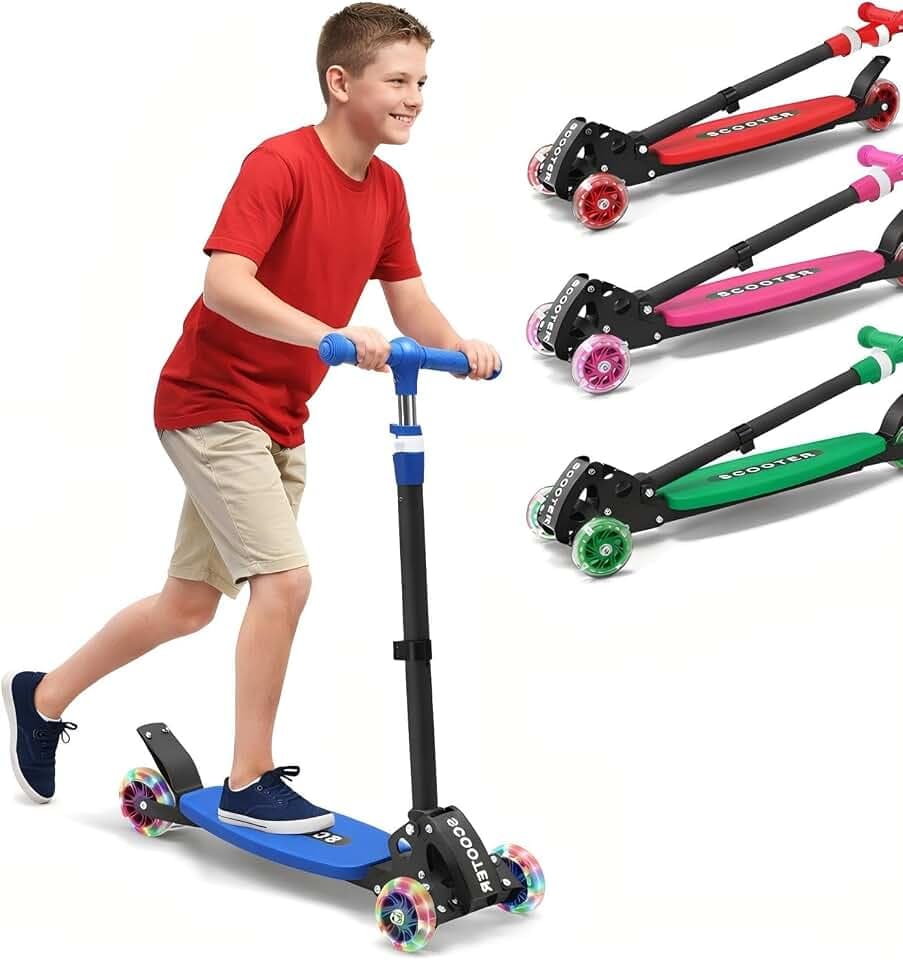 3 Wheel Kids Kick Scooter for Ages 3-12, Lean-to-Steer, Light-Up Wheels, 3-Level Adjustable Handlebar 27.5”-33”, Wide Non-Slip Deck, Dual Rear Brake,Travel Foldable, for Boys & Girls Toy Gifts