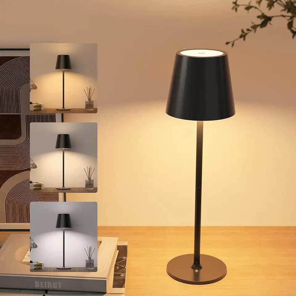 1 Stück LED Tischlampe Kabellos, 5000mAh Dimmbare Tischleuchte Akku, Nachttischlampe Tischleuchte Kabellose mit USB-C, 3 Höhenverstellbar Touch Lampe für Nachttisch Esstisch Camping(Schwarz)