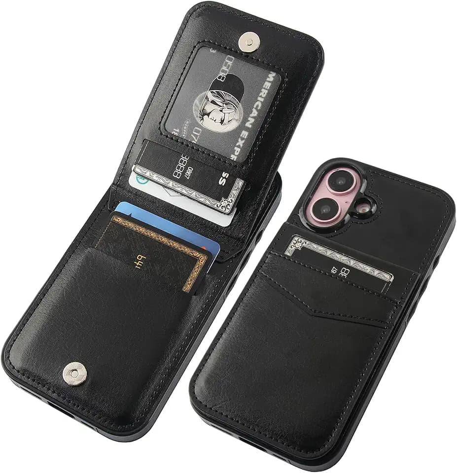 KIHUWEY for iPhone 16 Wallet Case Card Holder Kickstand, Black