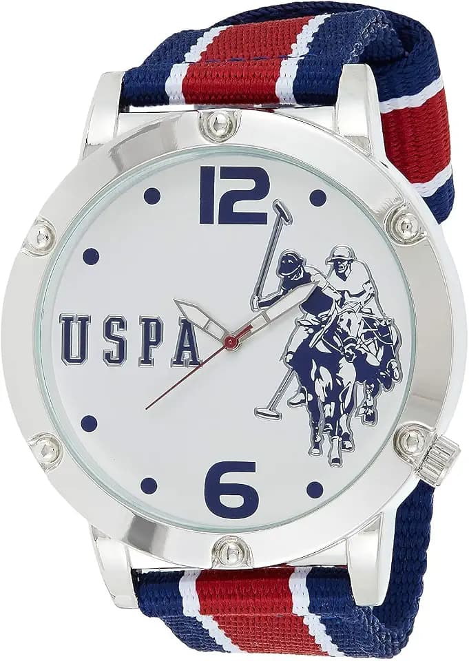 U.S. Polo Assn. Men's Analog Watch – White Dial with Red and Blue Striped Grosgrain Strap, Luminous Hands, and Adjustable Fit for Wrists 5.5" to 8"