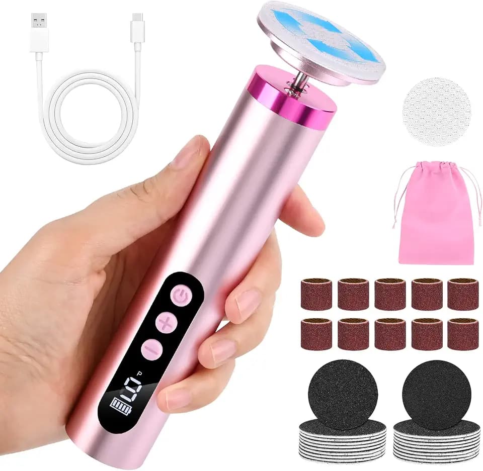 2-in-1 Elektrischer Hornhautentferner, 9 Einstellbare Geschwindigkeiten mit Batterieanzeige, Vielseitiges Fußpflege Pediküre Set mit Auswechselbaren Schleiftellern (Rosa)