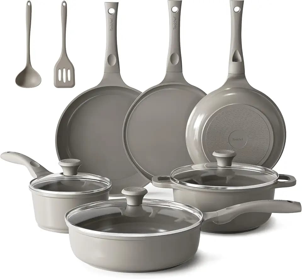 Redchef Topfsets Pfannenset, Keramik Topfset Induktion, Kochgeschirr-Set 11-teiliges, Induktions Töpfe Set mit Glasdeckel, PTFE-frei PFAS-frei für alle Herdarten geeignet, Spülmaschinenfest (Grau)