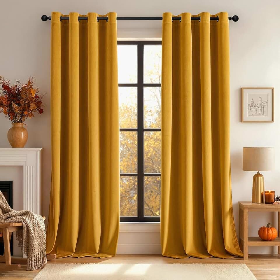 EMEMA Samtvorhänge mit Ösen 2er Senfgelb Verdunklungsvorhänge H245xB140cm | Samtvorhänge mit Ösen Gardinen Deko Wohnzimmer Weich Verdunkelung Curtains Thermovorhang Schalldämmend Schlafzimmer Gardinen