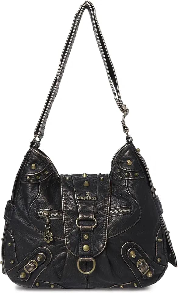 Angel Kiss Hobo Bag for Women Studded Vegan Leather Shoulder Purses and Handbags Retro Roomy Daily Crossbody Bags Medium Size