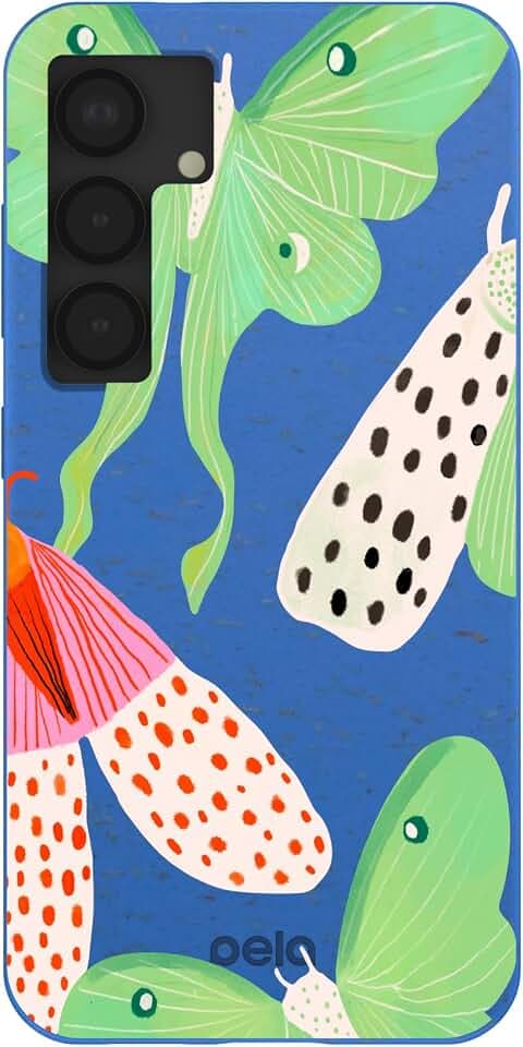 Pela | Phone Case Compatible with Samsung Galaxy S25 | Nature and Wildlife Collection | Supports Wireless Charging | Cute Eco Friendly | Electric Blue Mothopia