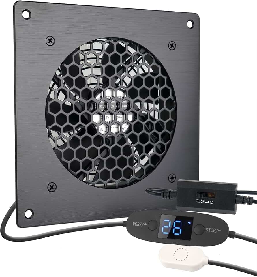 USB-Lüfter 120MM, Digitalanzeige temperaturgesteuertes leises Lüftersystem 5V-Lüfter mit modernem gebürstetem schwarzem Aluminiumrahmen für Heimkino-AV-Schränke