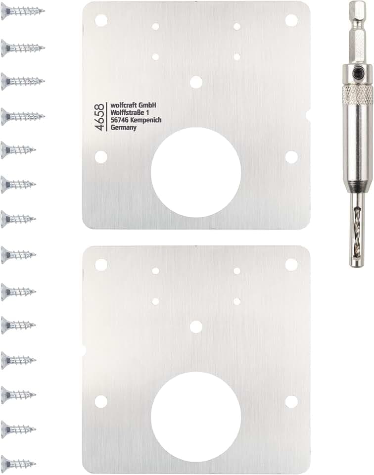 wolfcraft Reparaturset für Topfscharniere, 4658000, zur Reparatur von 2 ausgerissenen Scharnieren an der Tür, inklusive Scharnierbohrer, 2 Montageplatten und Senkkopfschrauben - Made in Europe