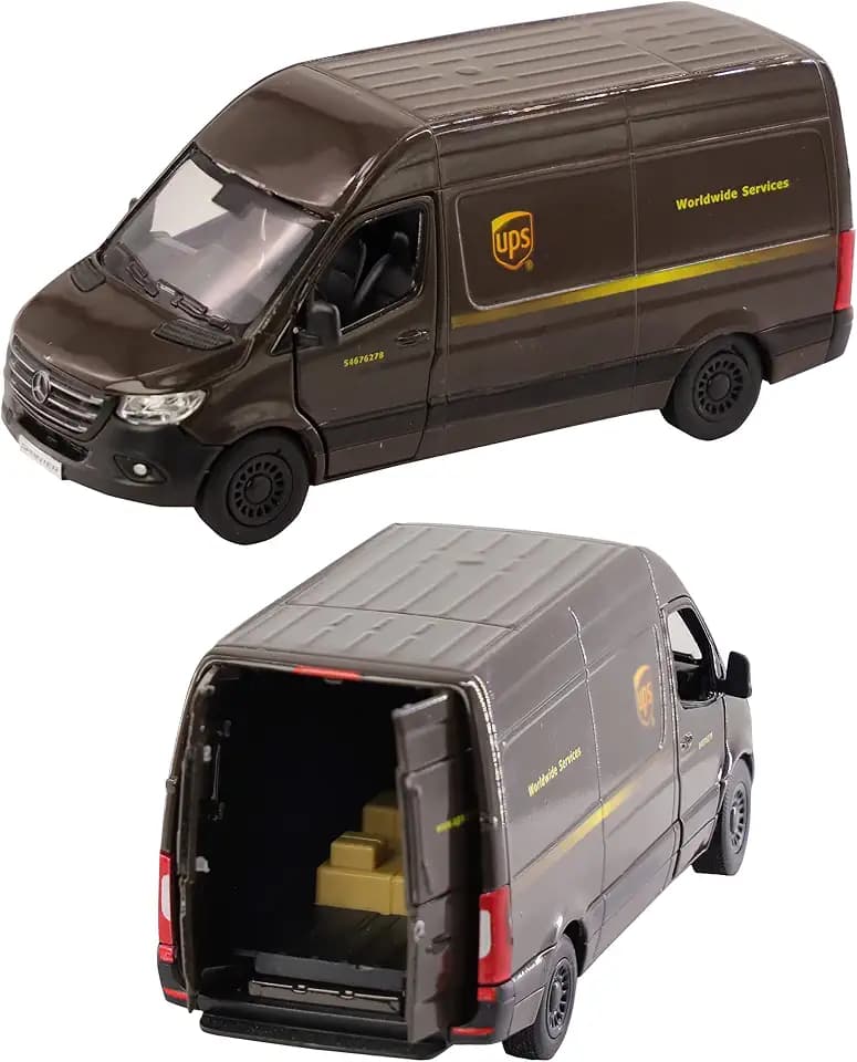 D.A.Y. Republic Offiziell lizenzierter Mercedes Benz Sprinter UPS Panel Van - Maßstab 1:48, mit Türen zum Öffnen und Schließen, Metall-Druckguss, Pull Back and Go, Actionspielzeug Sammlermodell
