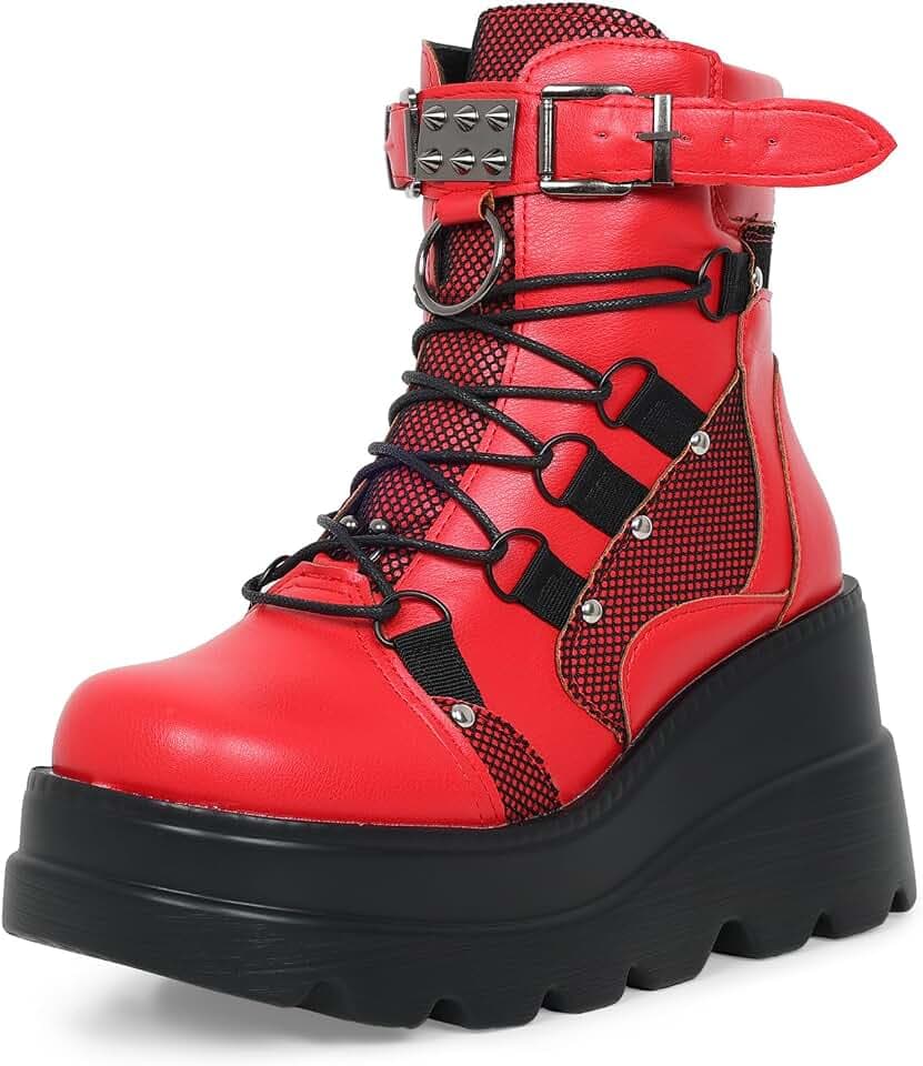 Gothniero Platform Goth Ankle Boots for Womem Black Holographic Combat Chunky Heel Boots with Side Zip Lace Up Wedge Booties US5.5-11