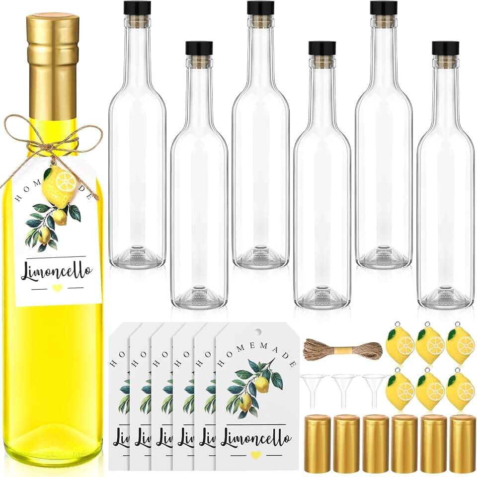 Teenyyou 6 Set 12oz Limoncello Glass Bottles for Homemade with Cork Lids and PVC Shrink Capsules, Mini Resin Lemon and Label for Home Limoncello Brewing Beverages Wedding Bridal Shower Gifts (Gold)