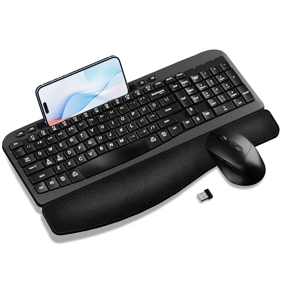 Hayyiesh Ergonomic Wave Keys Wireless Keyboard and Mouse Combo, Full Size with Memory Foam Wrist Rest & Phone Holder, 2.4G Cordless Set with USB-C Adapter for Windows Mac Desktop Laptop (Black)