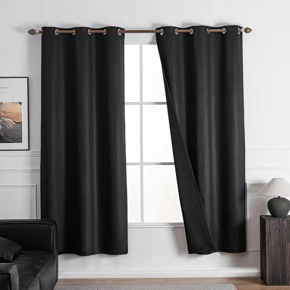 NANPIPER 100% Blackout Curtains for Bedroom 54 Inch Length 2 Panels Set, Solid Thermal Insulated Energy Saving Window Treatment Curtains Grommet Top Drapes, W52 x L54 Inches, Black