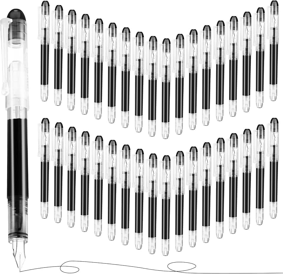 Crtiin 36 Pcs Disposable Fountain Pen Bulk, Calligraphy Pens Quick Drying Ink Fine Point, Back to School for Smooth Writing Journaling Office Supplies Sketching Beginner Artist Gifts(Black)