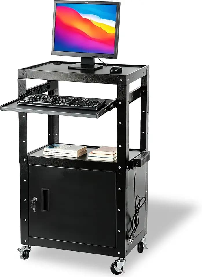 AV Cart with Wheels and Power, Locking Cabinet and Keyboard Tray