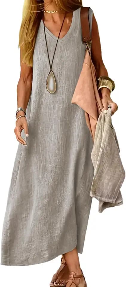 Plus Size Linen Blend Dress for Women with Pockets Khaki