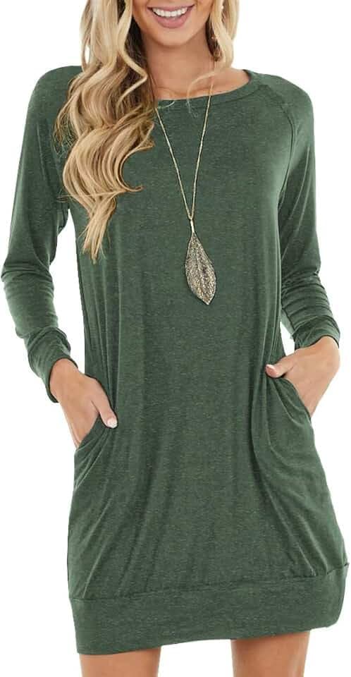 PrinStory Damen Pullover Kleid Freizeitkleider Rundhalsausschnitt Sweatkleid Mit Taschen