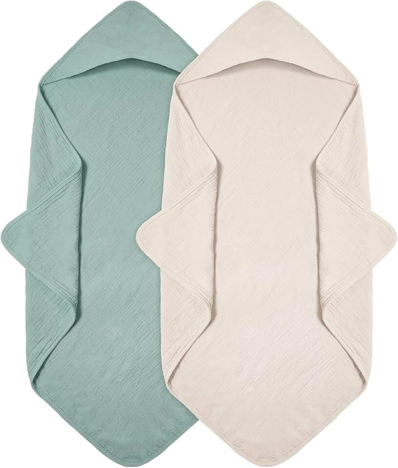 Kapuzenhandtuch Baby 2er-Pack, Musselin Baumwolle Baby Handtuch Kapuze, Ultraweiche und Saugfähige Babyhandtuch mit Kapuze, 76x76cm (Grün)