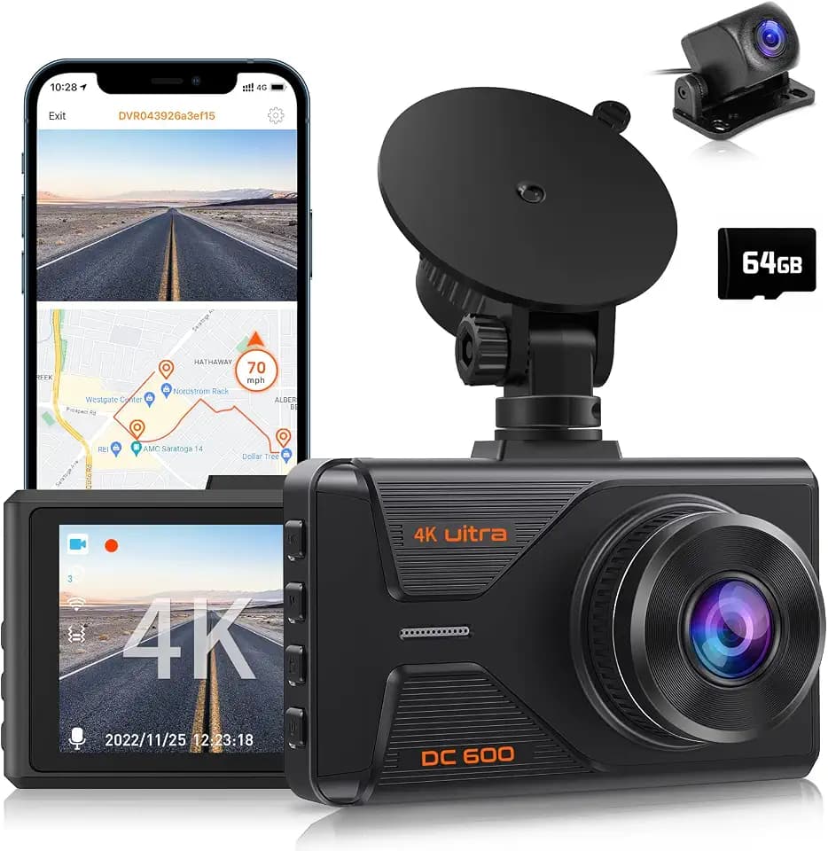 Dash Cam Front and Rear SPADE 4K/2K + 1080P WiFi GPS Dual Dash Camera for Cars, Car Camera with 64GB Free SD Card, 24 Hours Parking Mode, WDR Super Night Vision, Voice Notification, Motion Detection