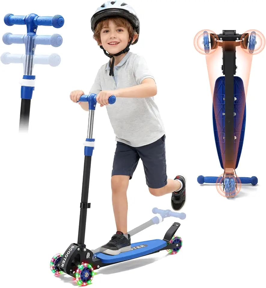 Scooter Roller Kinder 6-12 Jahre,3 Räder Kinderroller mit LED Leuchtende Räder für Jungen und Mädchen, 70-84cm 3 Stufen höhenverstellbarer Roller, Lean to Steer,Rutschfestes Deck