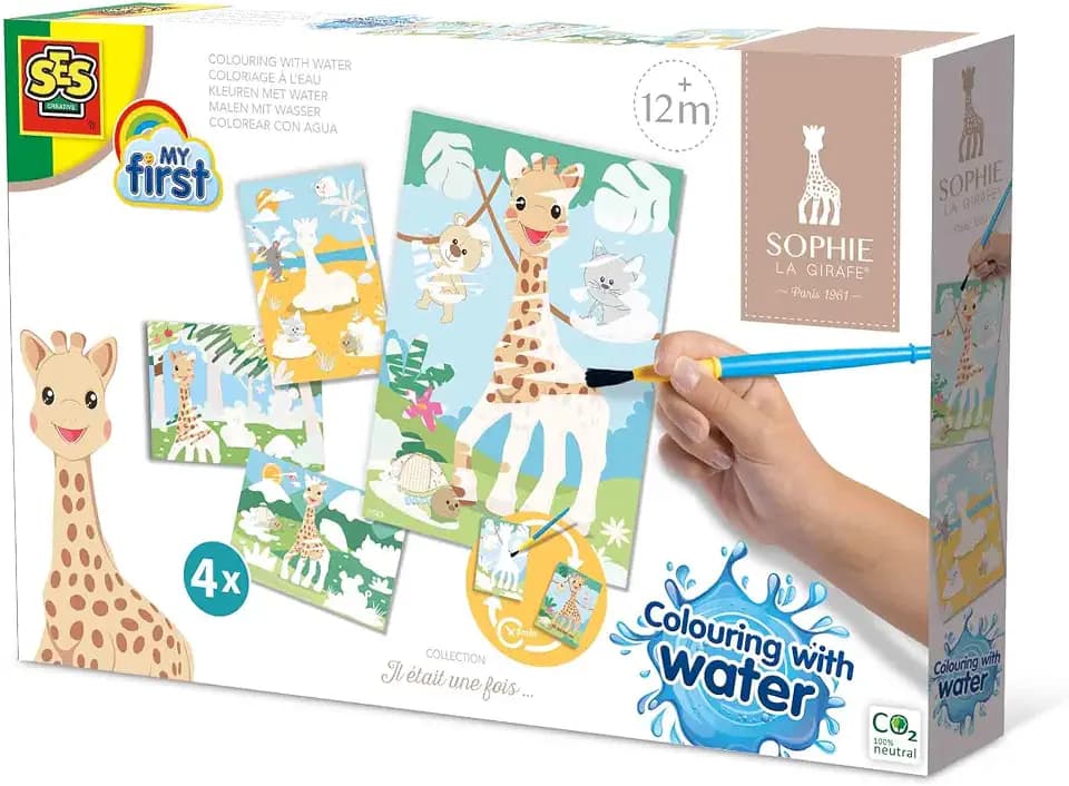 SES Creative | Sophie die Giraffe Wassermalen | Wiederverwendbares Lernspiel | 4 Schadenfreie Karten + Sicherer Pinsel | Kreative Aktivität Baby 1 Jahr + | Sensorische Entwicklung und Feinmotorik