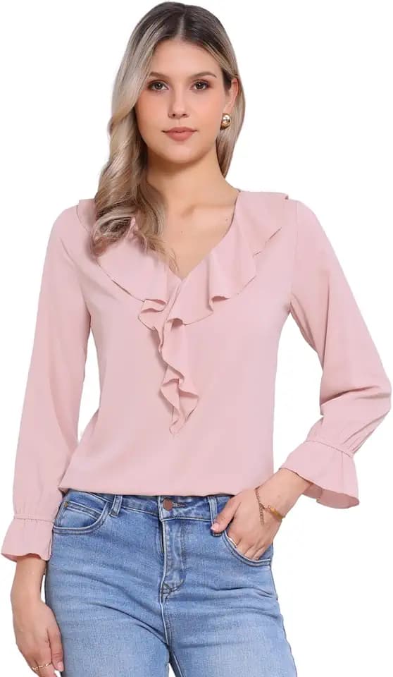 Allegra K Women Elegant Ruffle V Neck Sleeve Blouse for Business Work