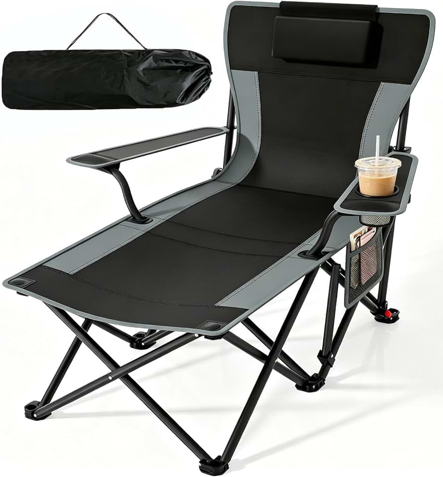 Suteck Camping Chair with Foot Rest, Reclining Folding Beach Chairs, Black