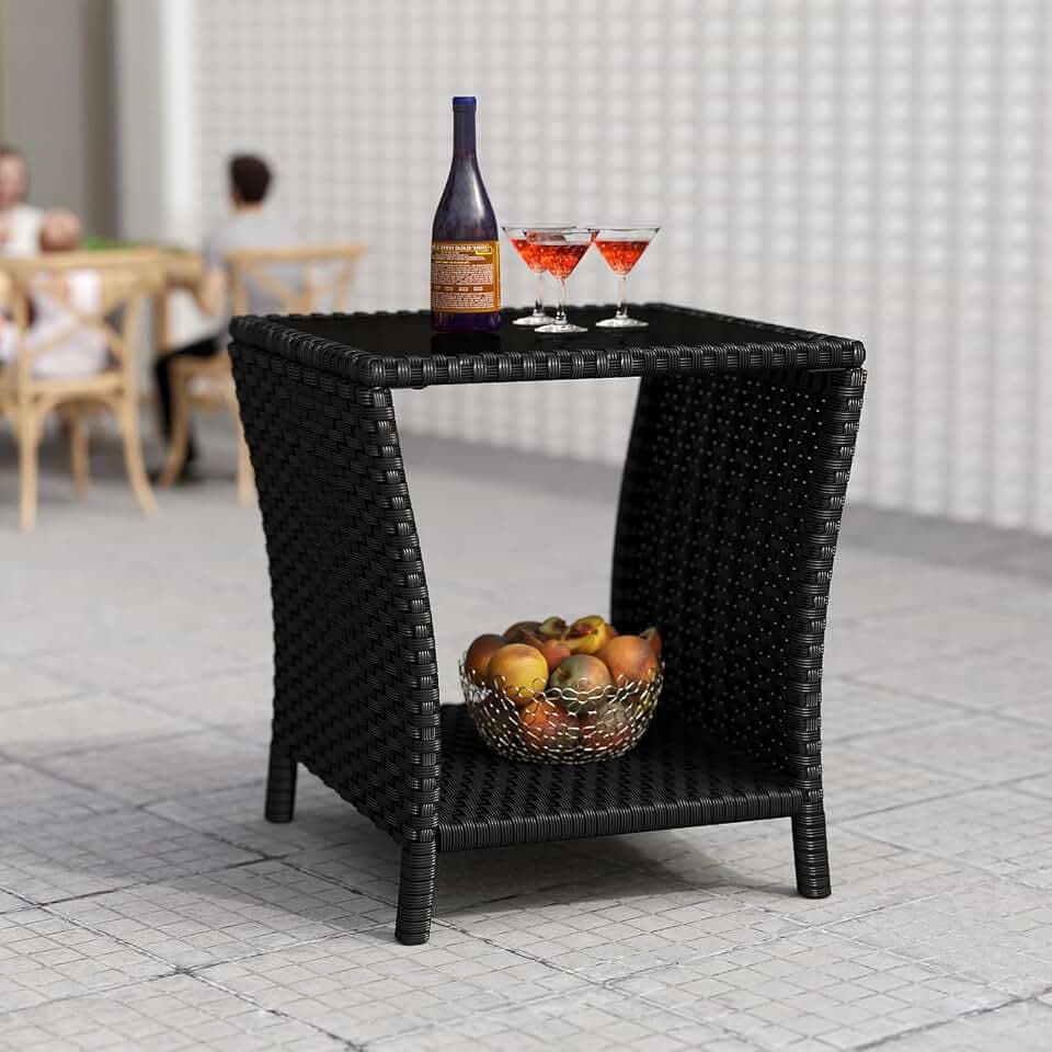 kinbor Outdoor Wicker Side Table, Tempered Glass Top & Storage Shelf, Black